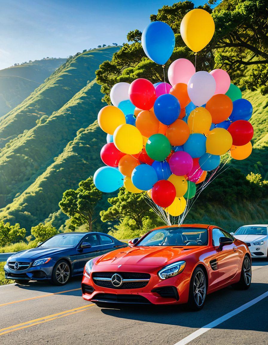 A vibrant scene showing a diverse group of people joyfully driving sleek, modern cars through a scenic landscape. The sun is shining brightly, symbolizing positivity and happiness, with colorful balloons floating in the air around them. Include lush greenery, rolling hills, and a clear blue sky to convey an adventurous spirit. The cars should represent both luxury and innovation, emphasizing excellence in automotive solutions. super-realistic. vibrant colors. sunny atmosphere.