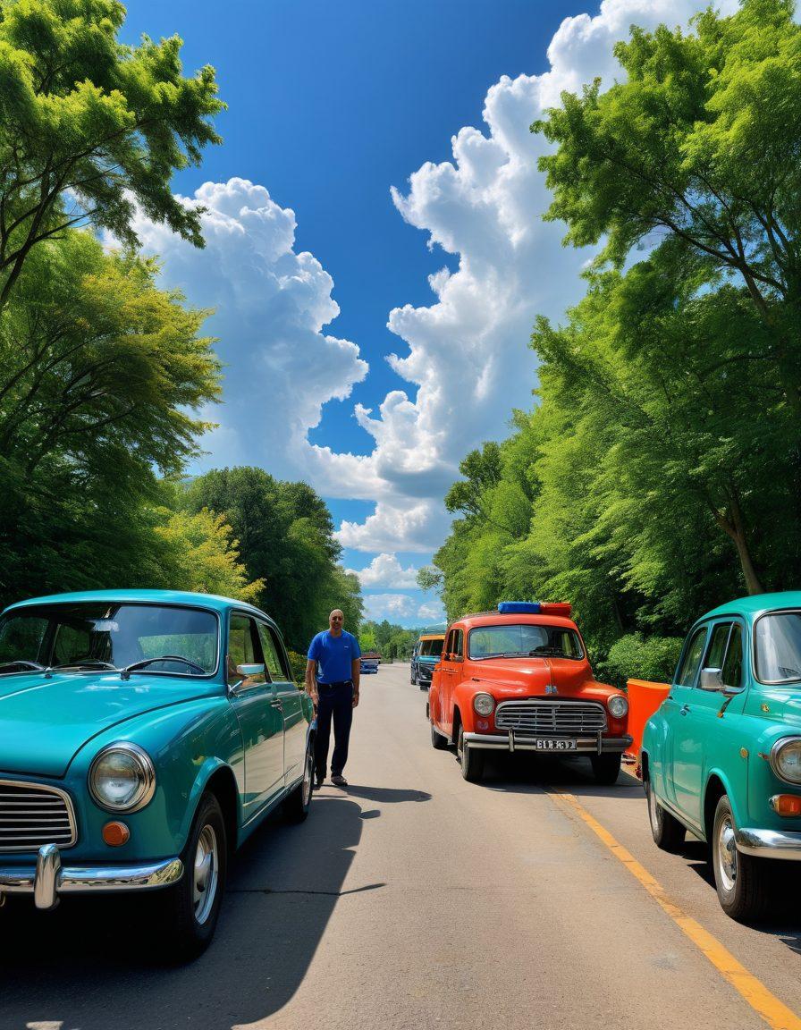 A serene, sunlit road stretching through a lush green landscape, featuring an array of beautifully maintained vehicles in vibrant colors parked alongside. In the foreground, a friendly mechanic smiles while holding tools, symbolizing superior vehicle services. The atmosphere radiates happiness and contentment, with soft clouds and a blue sky above. super-realistic. vibrant colors. peaceful setting.